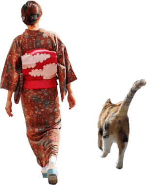 着物を着た女性と猫が散歩している後ろ姿